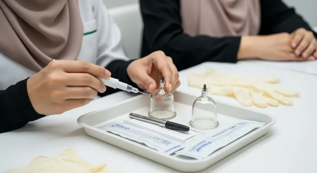 Matériel de hijama à usage unique présenté sur plateau médical stérile