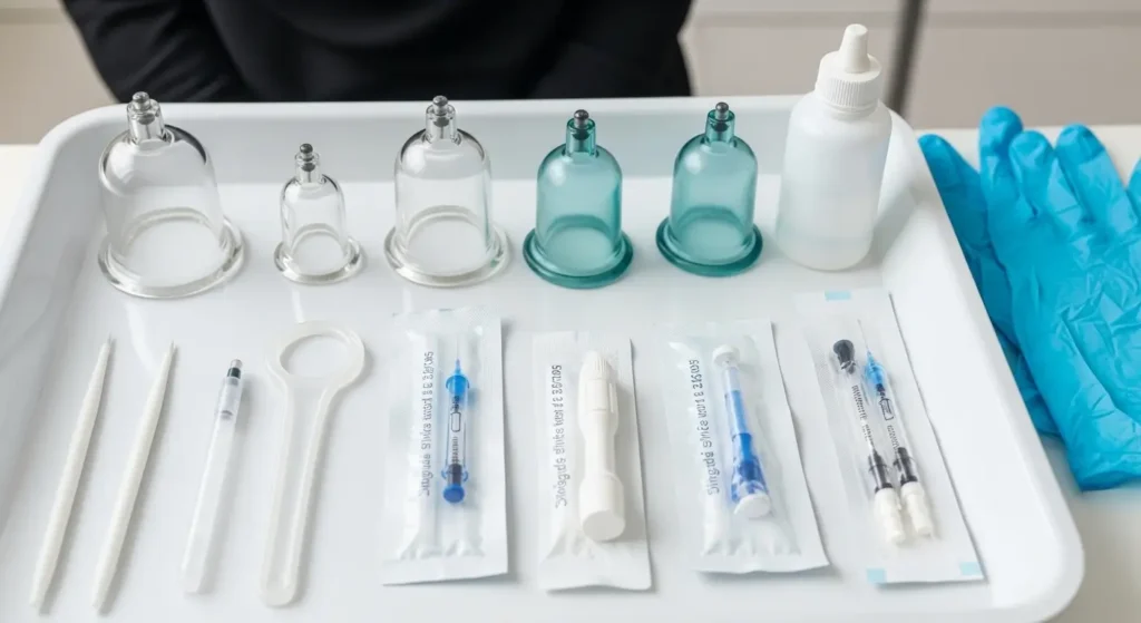 Matériel hijama stérile à usage unique utilisé lors de la séance professionnelle au Maroc