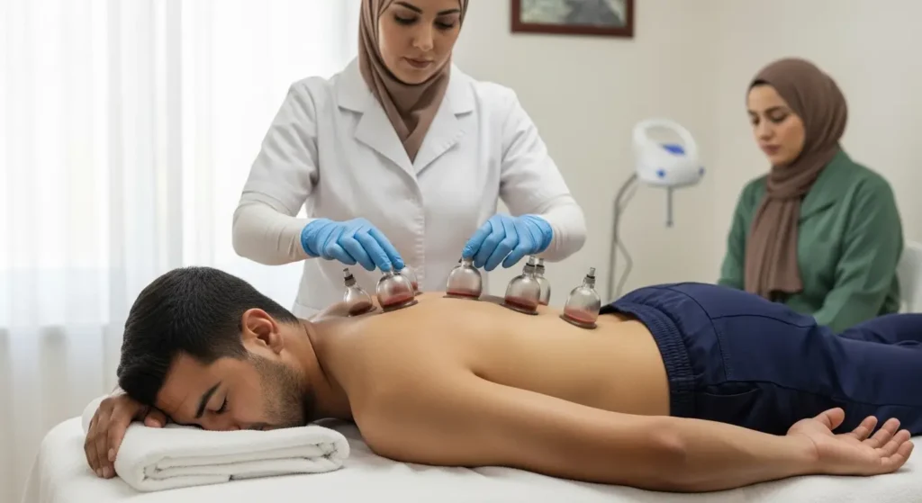 Patiente marocaine pendant une séance de hijama sur le dos et les épaules