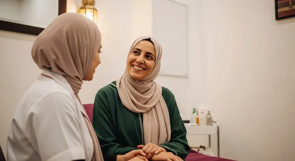 Patiente satisfaite après une séance de hijama à Tanger discutant avec son praticien