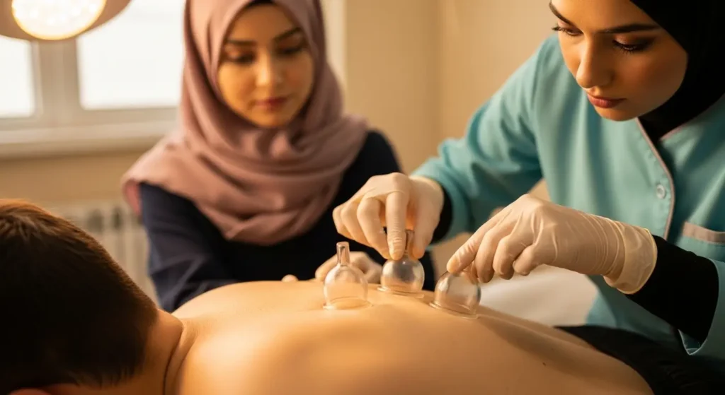 Pose de ventouses pendant une séance de hijama humide sur le dos