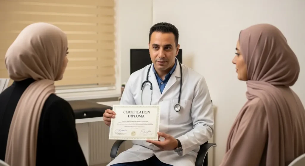 Praticien de hijama à Tanger présentant sa certification à une patiente