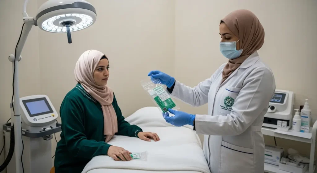 Praticien hijama certifié présentant un kit stérile à usage unique à Casablanca