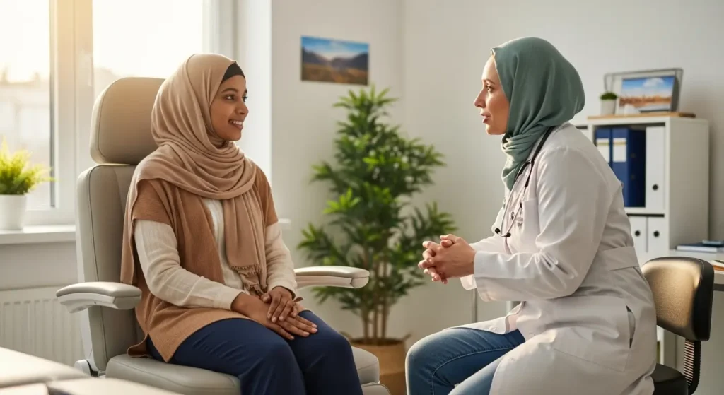 Femme marocaine consultant un médecin avant une séance de hijama pendant ses règles