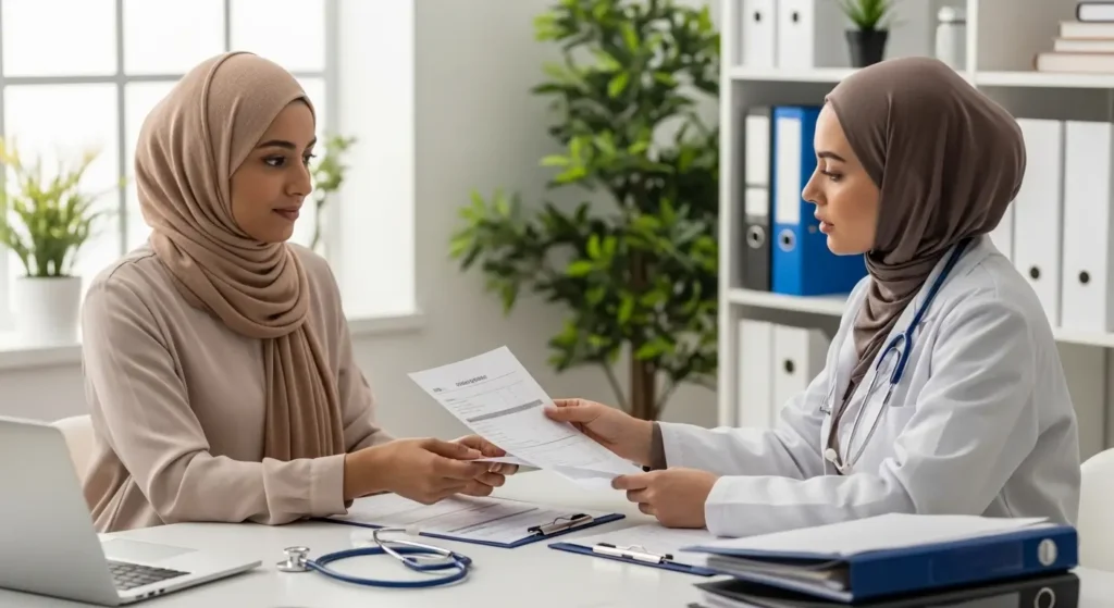 Patiente marocaine remettant son bilan médical à sa gynécologue avant de commencer un protocole hijama pour l'infertilité