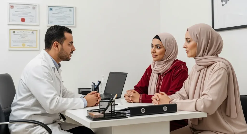 Praticien hijama certifié au Maroc en consultation avec un couple marocain avant de débuter un protocole pour l'infertilité