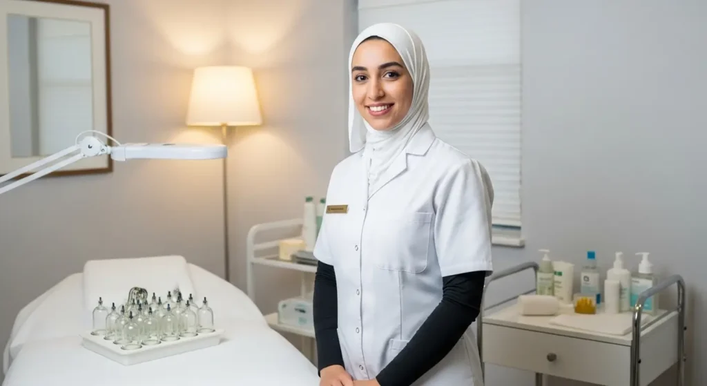 Praticienne de hijama professionnelle et bienveillante dans son cabinet au Maroc